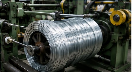 Galvanized steel wire on production machinery