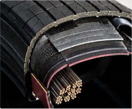 Tyre bead wire visible inside a cut tyre